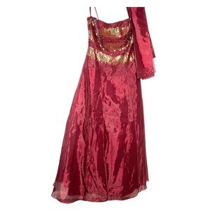 VTG Coty USA Women’s Size 8 Burgundy Gold Beaded Strapless Lined Maxi Dress Prom